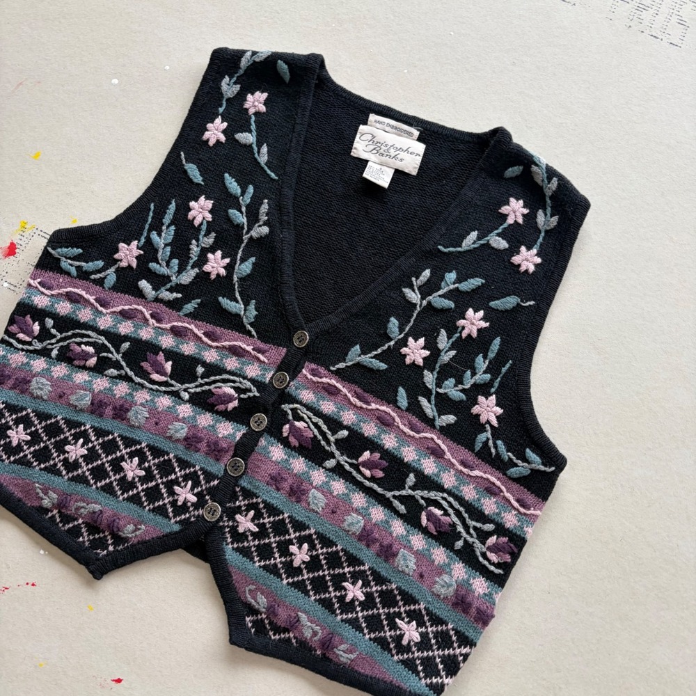 Vintage 90s Christopher Banks Hand Embroidered Floral Sweater Vest - Picture 2 of 5